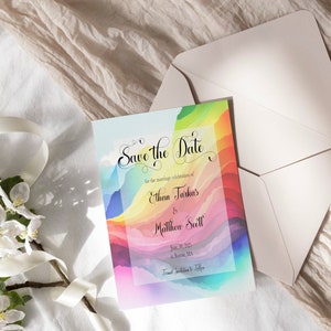 Reserve a data com arco-íris, documento digital, convite estético com arco-íris, convite de casamento personalizável