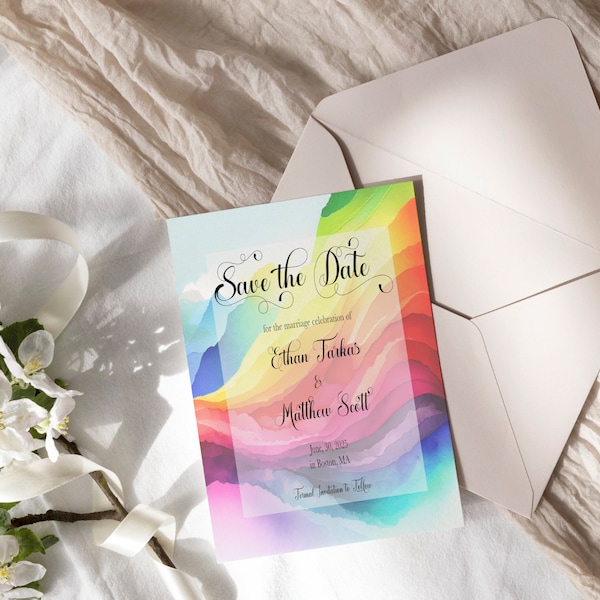 Rainbow Save the Date, Digital Document, Rainbow Aesthetic Invitation, Customizable Wedding Invitation