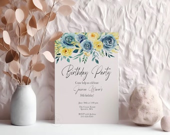 Blue & Yellow Roses Birthday Invitation, Customizable Digital Invitation, Digital Template