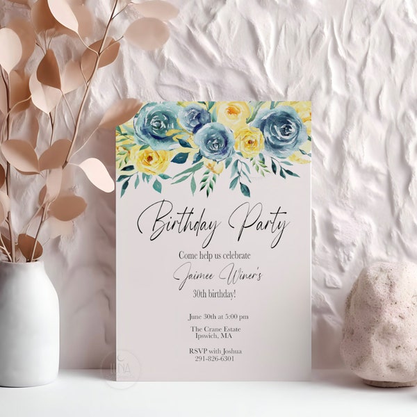 Blue & Yellow Roses Birthday Invitation, Customizable Digital Invitation, Digital Template