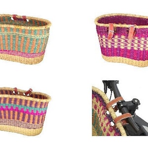 Cesta de bicicleta de junco natural colorida com alça de couro, cesta de compras, mala de bicicleta