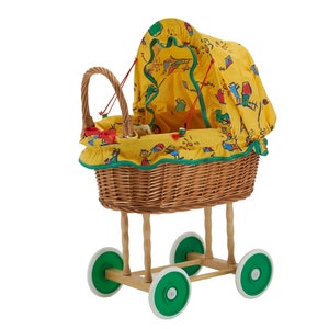 Yellow Patterned Wicker Doll Cradle - Antique Vintage Children's Toy Doll Pram