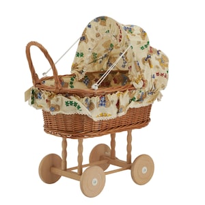 Wicker Doll Cradle with Bear Pattern - Antique Vintage Children's Toy Doll Pram