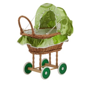 Green Patterned Wicker Doll Cradle - Antique Vintage Children's Toy Doll Pram