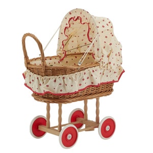 Red Flower Pattern Wicker Doll Cradle - Antique Vintage Children's Toy Doll Pram