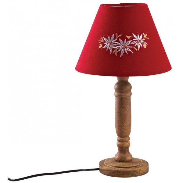 Lampe de chevet à poser avec pied en bois et abat-jour rouge fleur Edelweiss brodé lampe chalet campagne luminaire lampe à poser abat jour