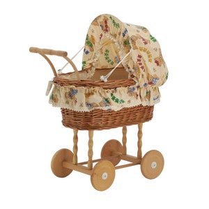 Wicker Doll Cradle Bears Wooden Handle - Vintage Antique Child's Toy Doll Pram