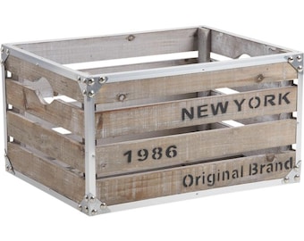 Houten en metalen opbergdoos "New York" met handvatten Houten en metalen opbergdecoratie, houten opbergdoos