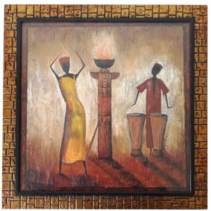 Framed wall decoration painting depicting African dance, gilded wooden frame under glass