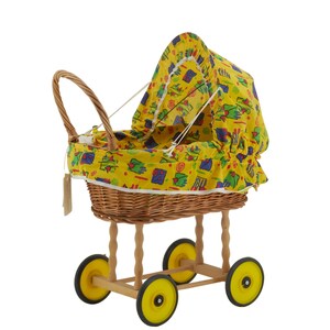 Yellow Patterned Wicker Doll Cradle - Antique Vintage Children's Toy Doll Pram