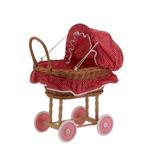 Red and White Polka Dot Wicker Doll Cradle - Antique Vintage Children's Toy Doll Pram