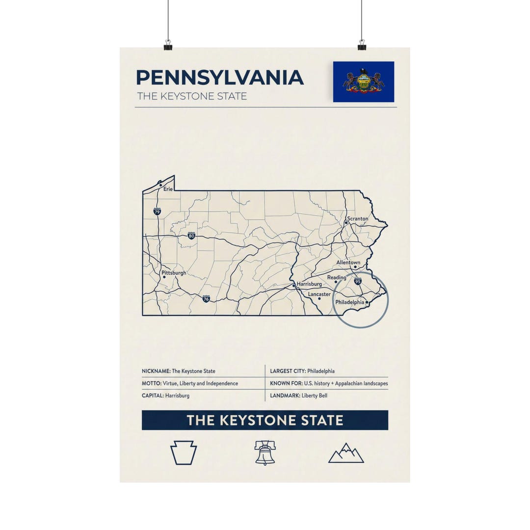 Pennsylvania Keystone Map Poster, Philadelphia Highlight Print, Minimal ...