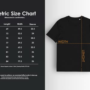 May include: Black t-shirt with a size chart in centimeters. The chart details measurements for sizes S to 5XL, including length, width, and sleeve length. The text "Metric Size Chart" is at the top. The shirt's dimensions are indicated with dotted lines.