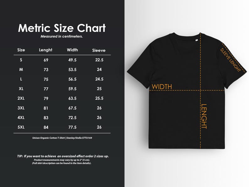 May include: Black t-shirt with a size chart in centimeters. The chart details measurements for sizes S to 5XL, including length, width, and sleeve length. The text "Metric Size Chart" is at the top. The shirt's dimensions are indicated with dotted lines.