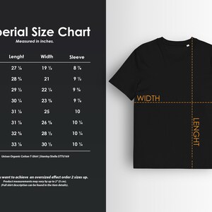 May include: A black t-shirt with a size chart in inches. The chart shows measurements for length, width, and sleeve length for sizes S to 5XL. The text reads "Unisex Organic Cotton T-Shirt Stanley/Stelle STTU169."