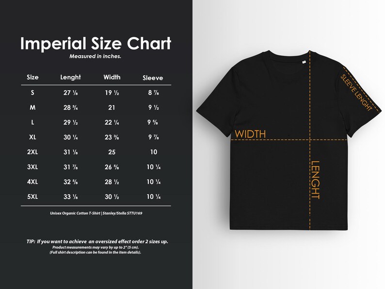 May include: A black t-shirt with a size chart in inches. The chart shows measurements for length, width, and sleeve length for sizes S to 5XL. The text reads "Unisex Organic Cotton T-Shirt Stanley/Stelle STTU169."