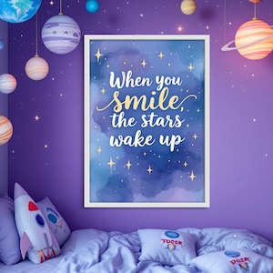 Inspirierende Aquarell Himmel Kunst |Sternennacht Digitaldruck mit Spruch Kinderzimmer Wanddeko |Positive Affirmation zum Ausdrucken