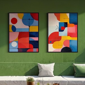 Geometric Abstract Wall Art Set of 2 – Bold Mid-Century Modern Colorful Prints – Red Blue Yellow Home Decor – PNG Digital Download