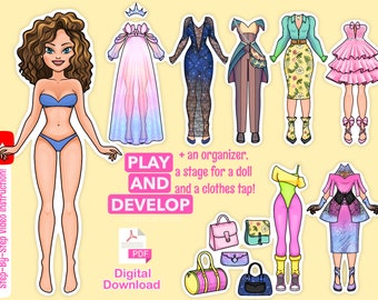 May include: A digital paper doll printable set with a female doll and a variety of outfits, including a pink dress, a blue swimsuit, a green and yellow leotard, and a pink and black dress. The set also includes accessories like purses and shoes. The text "PLAY AND DEVELOP" is included in the image.