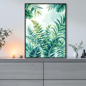 Tropical Leaves Wall Art – Green Botanical Jungle Poster – Modern Watercolor Printable for Living Room or Office – Instant Digital Download