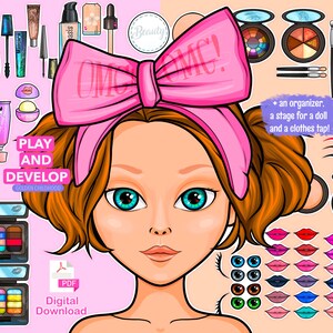 Könnte beinhalten: Ein digitaler Download eines druckbaren Puppenspielsets mit einem rosa Schleifenhaarband, Make-up und Accessoires. Der Text "PLAY AND DEVELOP" ist im Bild enthalten.