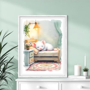 Sleeping Mouse Wall Art – Cozy White Mouse in Bed Printable for Nursery or Baby Room – Whimsical Animal Decor – Digital PNG Download