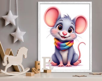 Rainbow Scarf Mouse Print: Whimsical Nursery Wall Art (Digital Download PNG, Multiple Sizes)