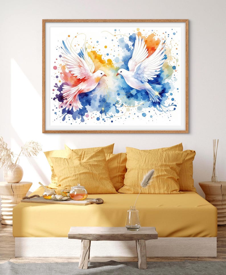Two Doves Watercolor Art – Colorful Birds in Flight With Gold Threads ...