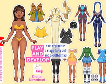 May include: A printable paper doll set with a brown-skinned doll and a variety of outfits, including a yellow swimsuit, a green sweater, a blue dress, and a black and white polka dot dress. The text "PLAY AND DEVELOP" is printed in pink and white. The text "PDF Digital Download" is printed in black and white.