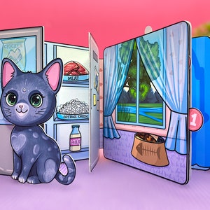 Printable Paper Dollhouse with Cat House Busy Book & Activities for Kids. DIY for kids, Dress up a doll. Entertainment for kids.