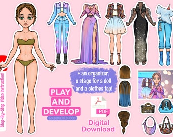 Paper doll printable kits - DIY for kids, Dress up a doll, Paper doll clothes, Entertainment for kids, Gift for mom and daughter, organizer