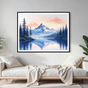 Stampa ad acquerello di un lago di montagna – Sereno paesaggio alpino da parete in tenui toni blu e rosa – Poster digitale della natura – Download immediato in PNG