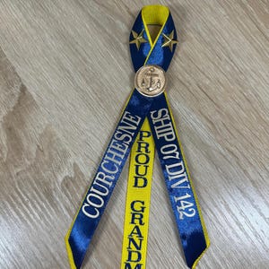 Navy graduation pin PIR personalized ribbon Yellow and Royal blue