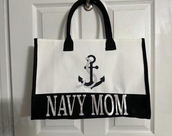 Customizable Navy Mom Tote Bag: Canvas Travel Tote