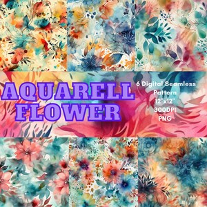 Könnte beinhalten: Sechs digitale nahtlose Aquarell-Blumenmuster in verschiedenen Farben, darunter Blau, Rosa, Orange und Gelb. Jedes Muster ist 12 Zoll mal 12 Zoll groß und hat 300 DPI. Die Muster sind im PNG-Format.