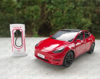 Tesla Model Y 1:24 avec SuperCharger - Modèles de voitures - Diecasts en alliage - voiture de collection - elon musk - véhicule électrique - Réaliste - Anniversaire