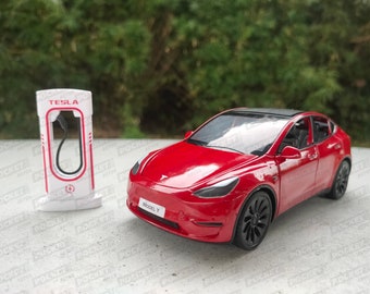 Tesla Model Y 1:24 avec SuperCharger - Modèles de voitures - Diecasts en alliage - voiture de collection - elon musk - véhicule électrique - Réaliste - Anniversaire