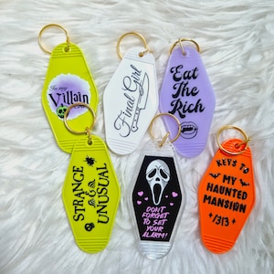 Retro Style Motel Keychains | retro spooky keychains| "Eat the rich"| " keys to my haunted mansion"| Motel Keychain| Quote Keychains| scream