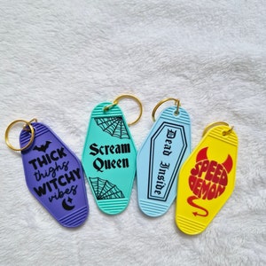 Retro Motel keychains| Quote keychain| retro keyring| "Dead inside" | "scream Queen"| "Withcy vibes" | Motel keychain| Spooky vibes