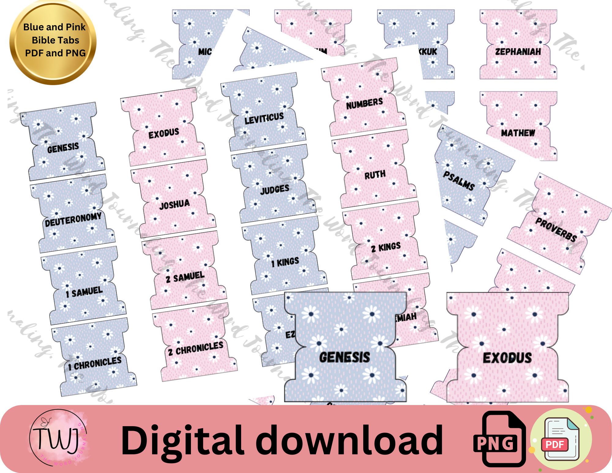 Blue and Pink Floral Bible Tabs, Printable Bible Tabs, Yellow Digital ...