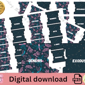 Navy Blue and Pink with fireflies Bible Tabs, Printable Bible Tabs, Yellow digital Bible Tabs