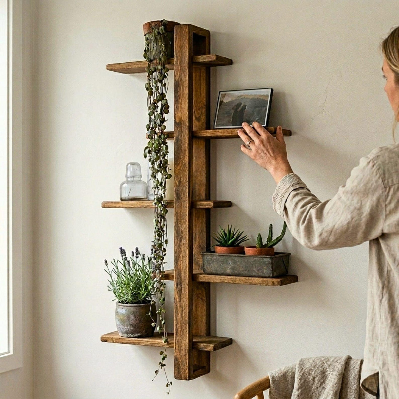 Rustic Wooden Wall Shelf, Vertical Plant Stand, Distressed Wood Shelves, Narrow Farmhouse Wall Decor - Walnut Stain