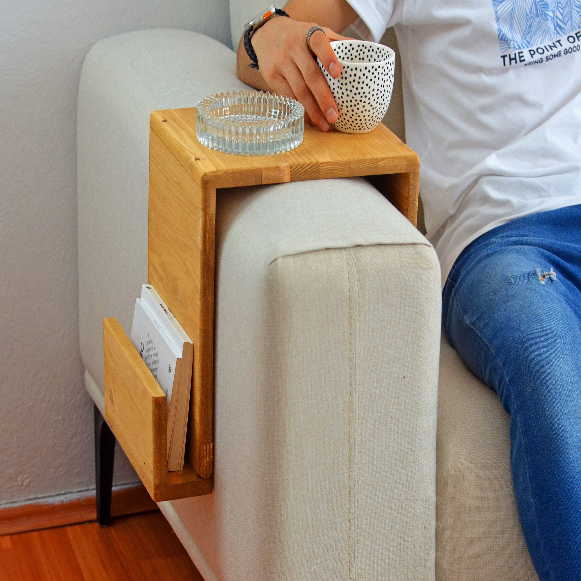 Pine Wood Couch Arm Table Small Sofa Armrest Table Wooden Etsy