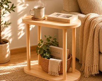 Natural Wood Sofa Side Table – Slim End Table with Shelf – Solid Pine Narrow Furniture