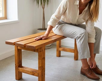 Banco de madeira maciça de pinho de 100 cm – Banco de cozinha com acabamento em nogueira – Assento rústico de estilo campestre