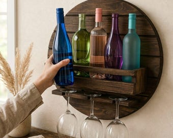 Wall Mounted Wine Rack with Glass Holder, Wooden Bar Shelf, Hanging Rustic Wine Storage,