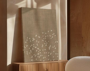 Japandi Taupe Beige Flock of Birds Framed Canvas Wall Art, Organic Modern Japanese Nature Inspired Decor, Linen Look Wall Decor