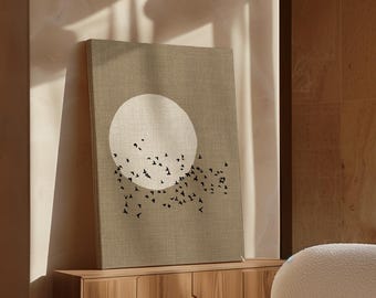 Japandi Moon & Birds Wall Art Taupe Beige Linen Look Canvas, Wabi Sabi Japanese Minimalist Luxury Large Fine Art Print