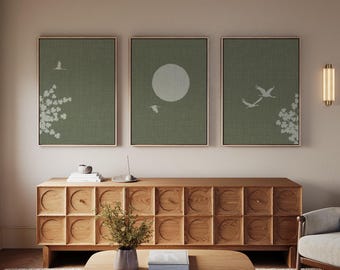 Minimalist Japanese Three Panel Canvas Design with Crane Birds Sun, Japandi Triptych Linen Look Sage Green Background Wall Art
