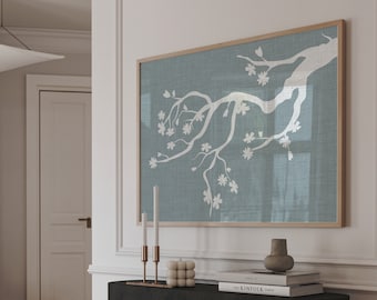 Stampa di rami di Sakura blu, arte da parete giapponese per l'arredamento della casa Japandi, poster di alta qualità in formato orizzontale, arte da parete con fiori di ciliegio